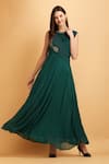 Buy_LABEL IVISH_Emerald Green Viscose Georgette Pleated Sequin Round Bodice Gown  _at_Aza_Fashions