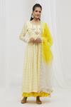 Buy_Yuvraani Jaipur_Yellow Silk, Organza, Satin Mirrors, Fringe, Chevron Print Anarkali With Dupatta _at_Aza_Fashions