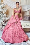 Buy_Varun Chakkilam_Pink Silk Organza Sequins, Embroidery, Beads 3d Floral Bridal Lehenga Set _at_Aza_Fashions