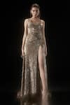 Buy_Rohit Gandhi + Rahul Khanna_Gold Crepe Sequins Asymmetric Aurous Gilded Gown _at_Aza_Fashions