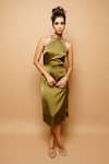 Buy_Ahi Clothing_Green Satin Sequin And Beads, Zardozi Halter Neck Dress _at_Aza_Fashions