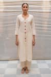 Buy_Priyanka Raajiv_Beige Handloom Cotton Brocade Buttons Round Illan Kurta And Pant Set  _at_Aza_Fashions