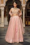 Buy_Neha Khullar_Pink Net Woven Geometric Patterns V Neck Flared Bridal Lehenga Set _at_Aza_Fashions