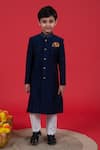 Buy_Little Boys Closet_Blue Cotton, Silk Embroidery Zardozi Collar Sherwani Set _at_Aza_Fashions