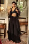 Buy_Zoon_Black Blouse Crepe Embroidered Aari Jacket Open Sequin Flared Pant Set _at_Aza_Fashions