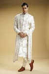 Buy_Kommal Sood_Off White Silk Dupion Embroidered Floral Flower Sherwani Set  _at_Aza_Fashions