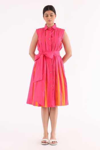 Buy_Studio Moda India_Pink Cotton Collared Inverted Pleated Blast Dress _at_Aza_Fashions