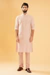 Buy_Raghavendra Rathore Blue_Pink Raw Silk Plain Half Button Placket Kurta _Online_at_Aza_Fashions