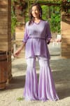 Buy_Monk & Mei_Purple Georgette Embroidered Chikankari V Neck Floral Kaftan And Sharara Set _at_Aza_Fashions