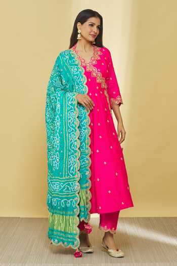 Buy_Surbhi Shah_Pink Silk, Gingham Beads, Gota Patti, Angarkha Set With Bandhej Print Dupatta _at_Aza_Fashions
