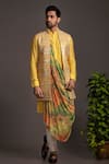 Buy_Jayesh Shah_Yellow Blended Silk Embroidered Geometric And Draped Bundi With Kurta Set _at_Aza_Fashions