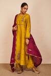 Buy_Sue Mue_Yellow Raw And Embroidery Aari Work Round Kurta Pant Set _at_Aza_Fashions