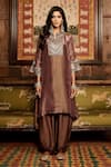 Buy_MATSYA_Brown Tissue Embroidery Gota Notched Yoke Kurta And Pant Set  _at_Aza_Fashions