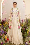 Buy_Chandrima_Ivory Organza Floral And Beads Open Work Long Jacket _at_Aza_Fashions