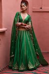 Buy_Deep Thee_Green Silk Embroidery Big Kalyani Booti Deep V Neck Stripe Bridal Lehenga Set _at_Aza_Fashions