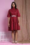 Buy_Escape By Aishwarya_Maroon Cotton Satin High Stand Collar Tiered Dress With Belt _at_Aza_Fashions