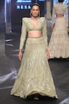 Buy_Ritika Mirchandani_Green Net Embroidery Bead V Neck Raisa Geometric Bridal Lehenga Set  _at_Aza_Fashions