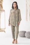 Buy_Chhavvi Aggarwal_Grey Crepe Printed Geometric Spread Collar Stripe Shirt And Pant Set _at_Aza_Fashions