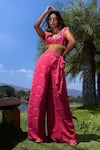 Buy_Babita Malkani_Pink Georgette Beads Plunge Neck Corded Top And Overlapped Pant Set _at_Aza_Fashions