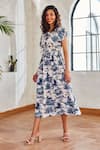 Buy_HOUSE OF FETT_Blue Cotton Linen Printed Floral V Neck Chiara Dress _at_Aza_Fashions