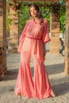 Buy_Monk & Mei_Peach Georgette Embroidered Chikankari V Neck Kaftan And Sharara Set _at_Aza_Fashions