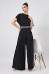 Buy_Aakaar_Black Moss Crepe Plain Crystal Draped Jumpsuit With Embellished Cluster Belt _at_Aza_Fashions