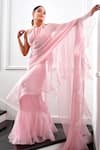 Buy_AMRTA by GUNEET KONDAL_Pink Shell  100% Organza And Chiffon Hand Pre-draped Ruffle Saree With Blouse _at_Aza_Fashions