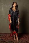 Buy_RI.Ritu Kumar_Black Silk Satin And Embroidery Floral V Neck Wild Flower Kaftan _at_Aza_Fashions