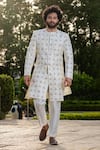 Buy_Hilo Design_White Raw Silk Embroidered Zardozi Irenic Zari Sherwani Set _at_Aza_Fashions