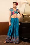 Buy_Soniya G_Blue Satin Printed Floral V Neck Top And Pleated Pant Set _at_Aza_Fashions