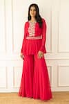 Buy_Label Sanya Gulati_Pink Georgette Hand Embroidered Sequins Round Peplum And Gharara Set _at_Aza_Fashions