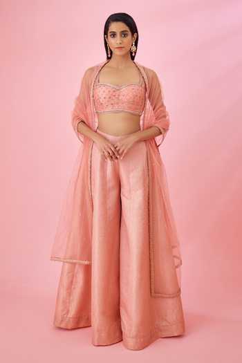 Buy_Shyam Narayan Prasad_Peach Net, Brocade Zari, Embroidery Sweetheart Neck Top Sharara Set _at_Aza_Fashions