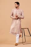 Buy_Hilo Design_Beige Cotton, Lycra, Silk Embroidery Florne Mandarin Collar Kurta Set _at_Aza_Fashions