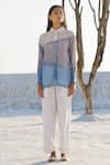 Buy_The Loom Art_Blue Handwoven Chanderi Silk Shirt Collar Abstract Horizontal Panel And Pant Set _at_Aza_Fashions