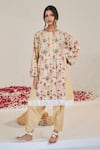 Buy_Sage Saga_Yellow Linen Embroidery, Lace Mahgul Floret Print Kalidar Kurta For Kids_at_Aza_Fashions