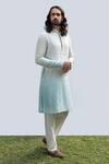 Buy_Kaka Calcutta_Blue Bamboo, Cotton Mirrors Embellished Neckline Kurta Set _at_Aza_Fashions