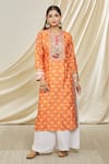 Buy_Gopi Vaid_Orange Tussar Silk Embellished Tilla Round Neckline Tunic _at_Aza_Fashions