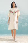 Buy_Ikai by Ragini Ahuja_Ivory Cotton Silk Chanderi Applique Round Nile Cutwork Dress  _at_Aza_Fashions
