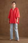 Buy_Nikasha_Coral Cotton Mirrors, Tassels Round Neck Balloon Sleeve Shirt Dress _at_Aza_Fashions