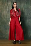 Buy_Whimsical By Shica_Red Heavy Silk Satin Hand Embroidery French Knots V Neck Tie-up Jumpsuit _at_Aza_Fashions