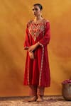 Buy_Rekha Agra_Red Kurta Chanderi, Pant Cotton Flex Geometric Hand Block Print And Set _at_Aza_Fashions