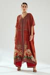 Buy_Rajdeep Ranawat_Orange Silk Floral V Neck Majida Kaftan Tunic _at_Aza_Fashions