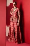 Buy_Ridhi Mehra_Red Raw Silk Printed Floral V Neck Saadirah Peplum Top And Sharara Set  _at_Aza_Fashions