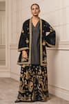 Buy_Tarun Tahiliani_Black Silk Velvet Printed Floral Pattern Kurta V Neck Jacket And Trouser Set _at_Aza_Fashions