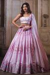 Buy_Label Priyanka Kar_Pink Cotton Satin Printed Floral And Butterfly Patterns Scoop Neck & Lehenga Set _at_Aza_Fashions