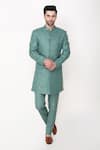 Buy_Manish Nagdeo_Green Ruby Cotton Silk Block Printed Bandhgala And Pant Set _at_Aza_Fashions