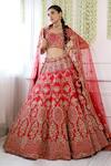 Buy_Pallavi Poddar_Red Silk, Tulle Zari, Sequins, Embroidery Double Parot Bridal Lehenga Set _at_Aza_Fashions