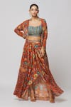 Buy_DiyaRajvvir_Orange Georgette Printed Floral Jaal Cape Open And Dhoti Skirt Set _at_Aza_Fashions