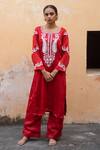 Buy_Avaasya Jaipur_Red Cotton, Silk Embroidery Split V-neck Kurta And Pant Set _at_Aza_Fashions
