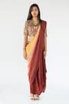 Buy_Nikita Vishakha_Brown Crepe Embroidered Mirror V Neck Ombre Dyed Cowl Skirt Saree With Blouse_at_Aza_Fashions